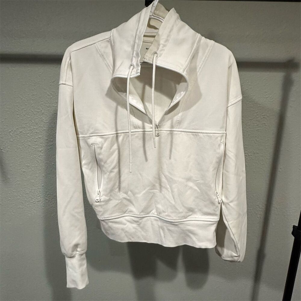 Old Navy Unisex White Fleece Hoodie Medium Quarter-Zip Casual Fall